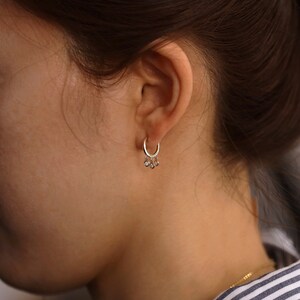 Huggie Hoop Earrings with Three Diamond Dangle Charms, 14K Gold 11mm Hoop Earrings with Dangle Diamonds, Three Bezel Diamond Dangle Earrings image 7