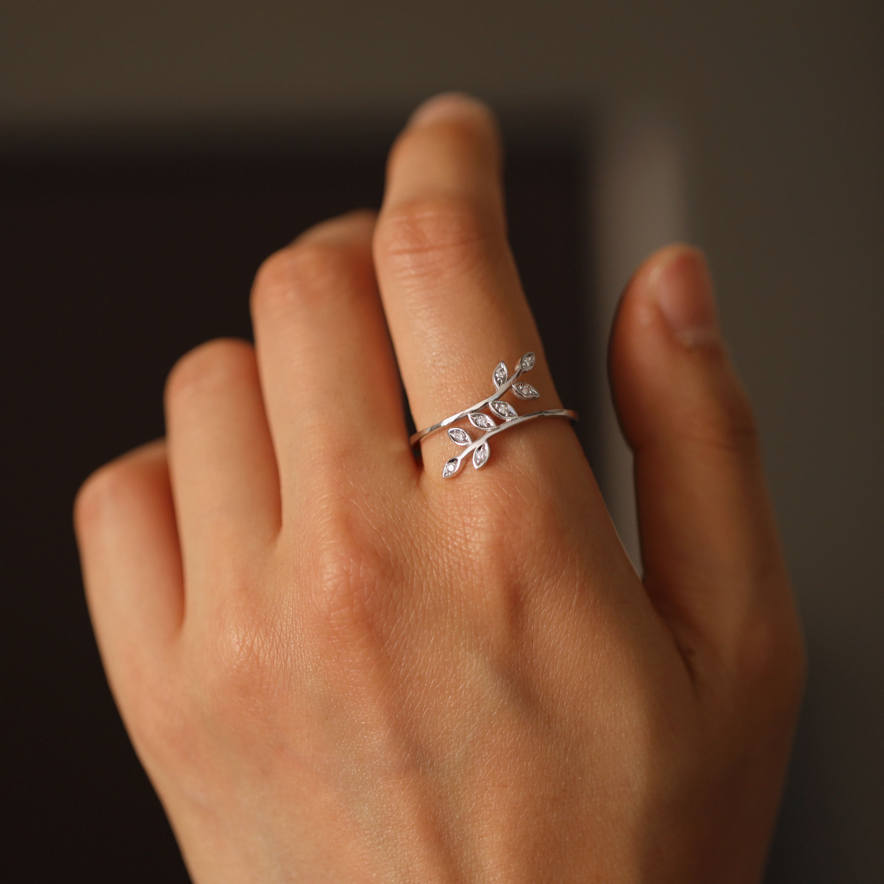 Twist Leaf Unique Diamond Ring, 14K Solid Gold Ring, Stacking Ring