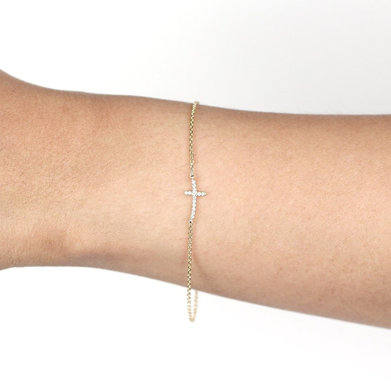 Tiny Cross Charm Diamond Set 14K Solid Gold Bracelet Religious Etsy