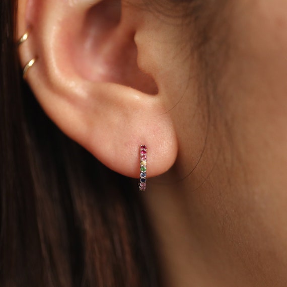 11mm Rainbow Sapphire Huggie Earrings Multi Colored Sapphire Hoop