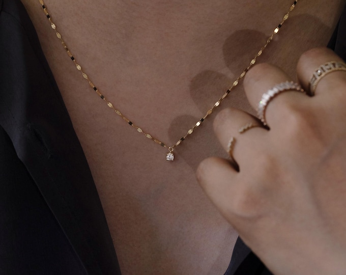 Featured listing image: 14K Gold Glitter Chain Lab Diamond Necklace, Oval Mirror Flat Link Chain Necklace, Solitaire 4 Prong Lab Diamond Necklace, Glitter Necklace