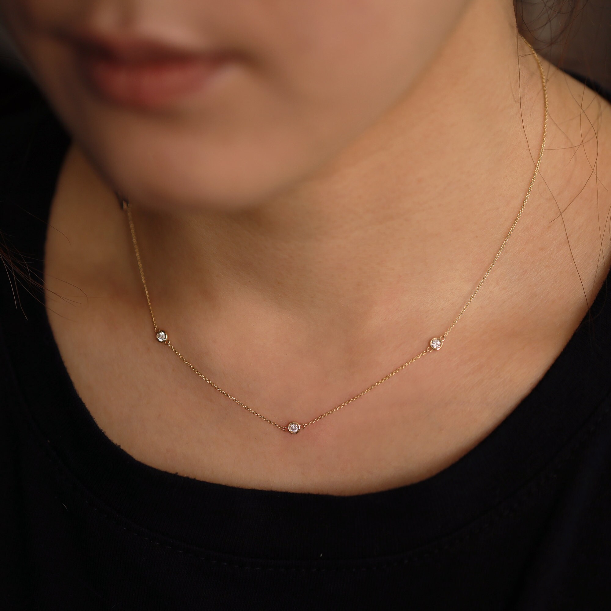 Diamond Choker Necklace, Three Bezel Diamond Choker, Dainty Diamond
