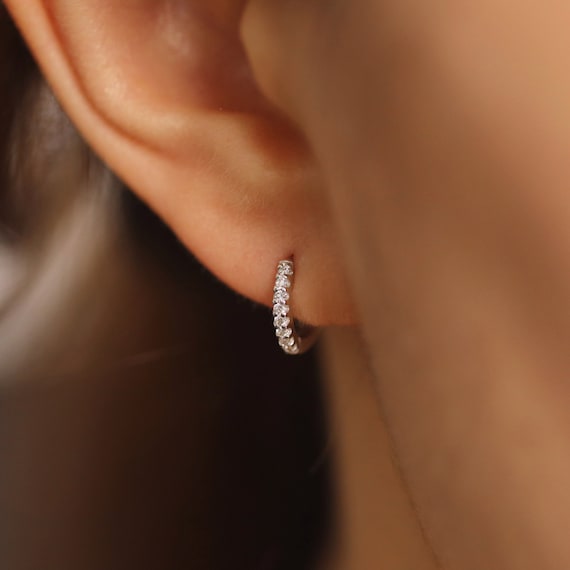 Diamond Huggie Earrings 10mm Diamond Hoop Earrings Huggie Hoop