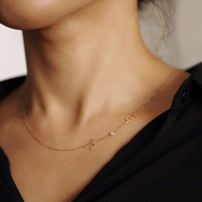 Sideways Zodiac Necklace, Double Zodiac Signs With Diamond Bezel