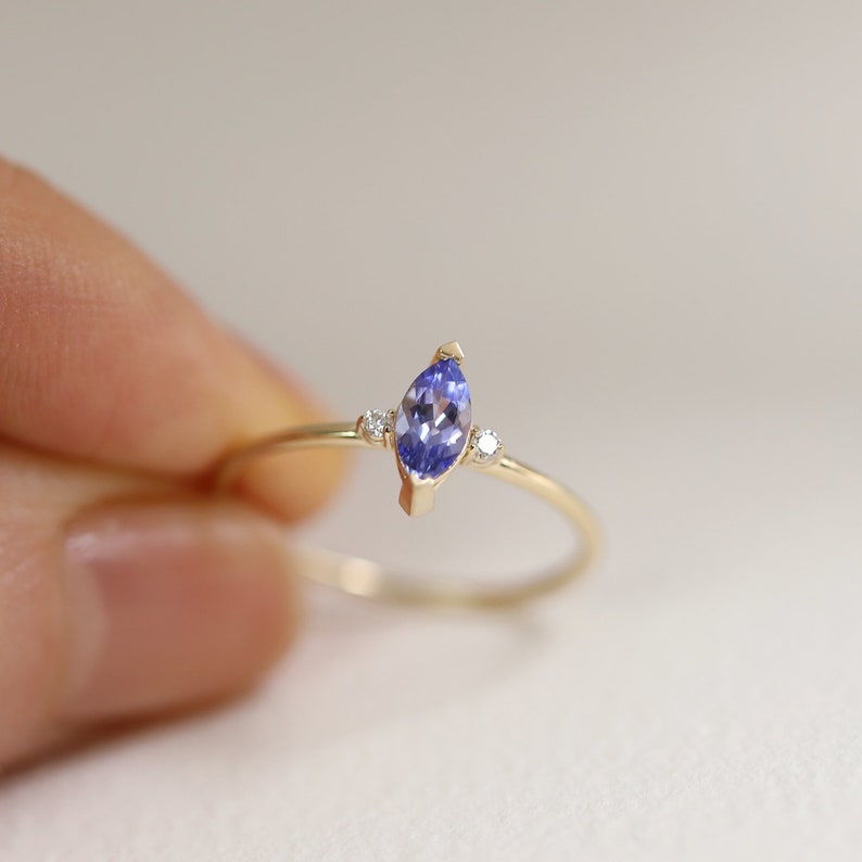 Tanzanite Marquise Double Diamond Ring Band, Engagement Wedding Ring, 10K 14K Solid Gold Ring, Diamond Ring, Stackable Rings, Gifts for Her image 1
