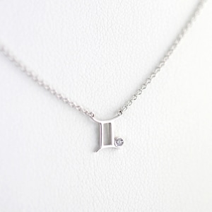 May include: A silver necklace with a Gemini zodiac symbol pendant and a small clear crystal.