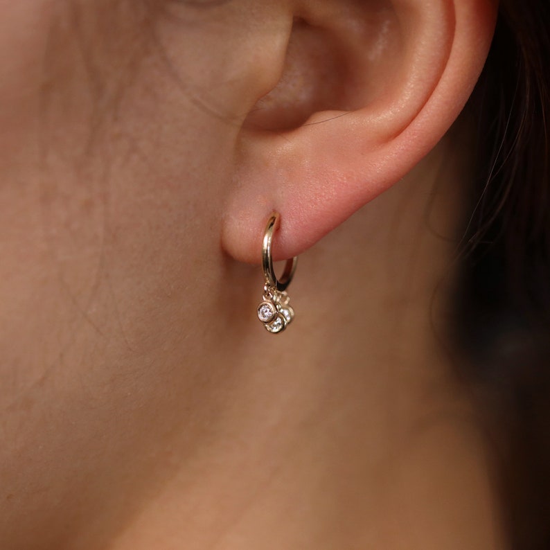 Huggie Hoop Earrings with Three Diamond Dangle Charms, 14K Gold 11mm Hoop Earrings with Dangle Diamonds, Three Bezel Diamond Dangle Earrings image 1