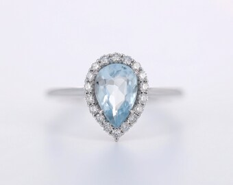 Teardrop Aquamarine Diamond Ring, Vintage Pear Shape Aquamarine Ring, Aquamarine Ring with Rounded Diamonds, Aquamarine Birthstone Ring