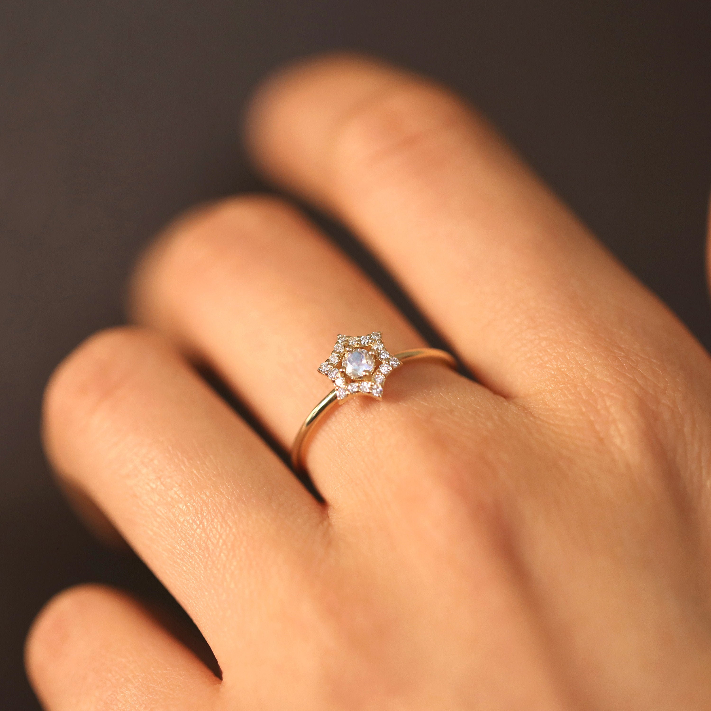 Raw Rainbow Moonstone and Herkimer Diamond Engagement ring