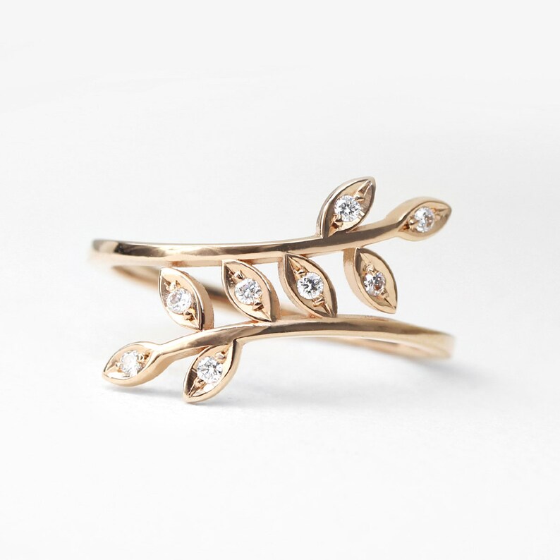 Twist Leaf Unique Diamond Ring, 14K Solid Gold Ring, Stacking Ring, Diamond Leaf Ring, Minimalist Ring image 2