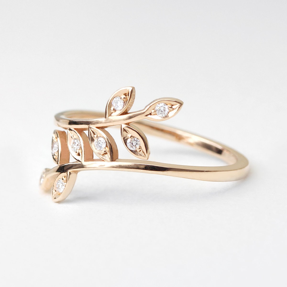 Twist Leaf Unique Diamond Ring, 14K Solid Gold Ring, Stacking Ring