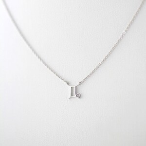 May include: A silver necklace with a Gemini zodiac symbol pendant and a small diamond accent.
