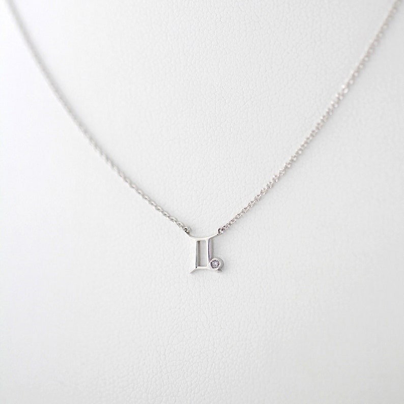 May include: A silver necklace with a Gemini zodiac symbol pendant and a small diamond accent.