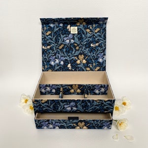 Blue Iris Handmade Box • William Morris Print • Fabric Covered • Magnetic Closure • Multipurpose Organising Box • Jewellery Organiser • Gift