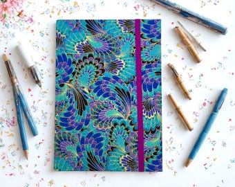 Golden Peacock Fabric Journal: A5 Hardback Notebook with Pocket • Ruled Paper • Elastic Closure