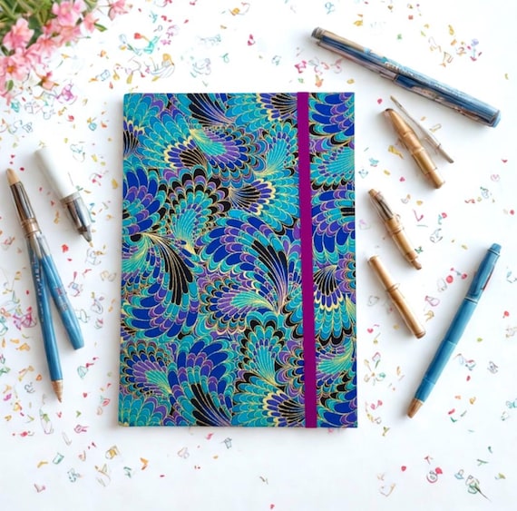 Golden Peacock Fabric Journal: A5 Hardback Notebook with Pocket • Ruled Paper • Elastic Closure
