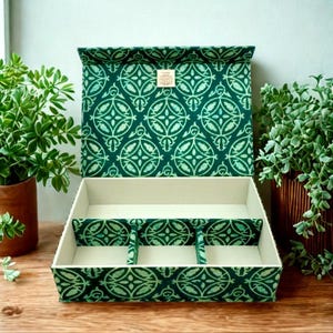Puede incluir: Una caja de almacenamiento rectangular abierta con un patrón geométrico en verde oscuro y verde claro. El interior está dividido en cuatro secciones mediante divisores extraíbles y una pequeña etiqueta cuadrada está centrada en la tapa.