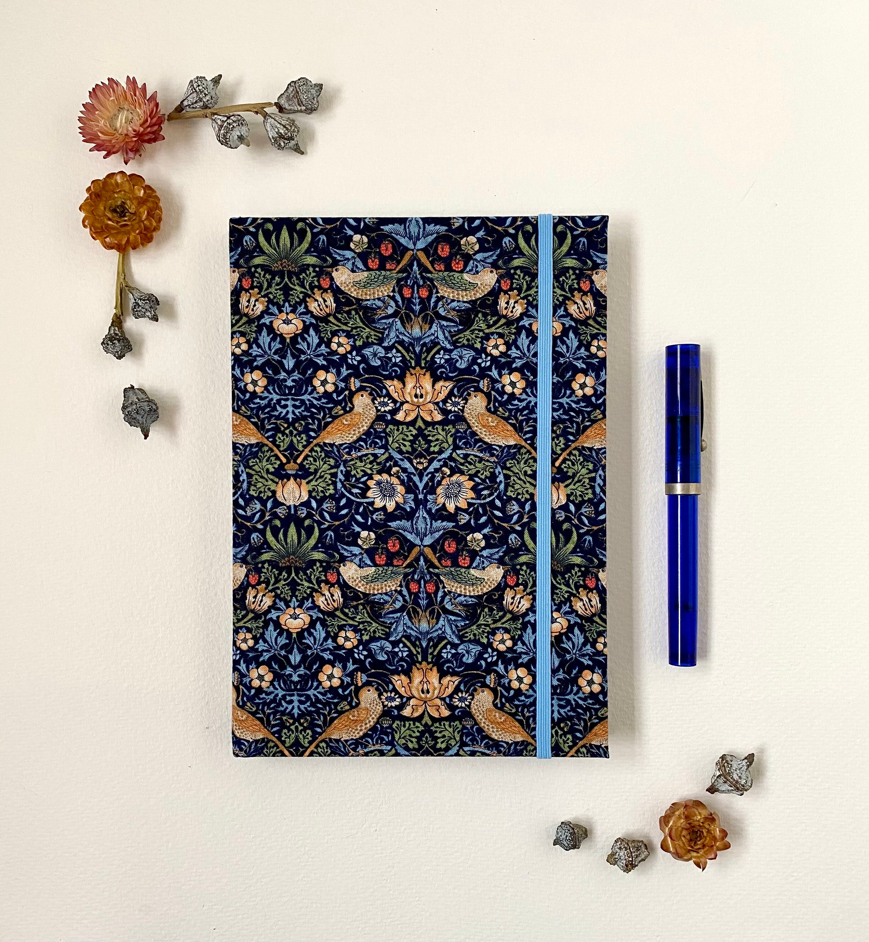 Strawberry Thief Navy Journal • William Morris Fabric • Harback Cover • 192 Ruled Pages • Elastic Closure • Travel Journal • A5 Size • Gift