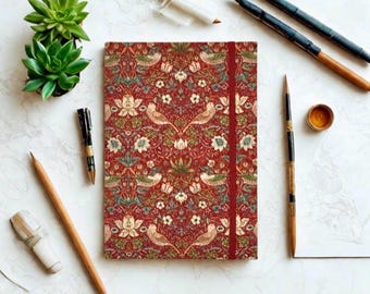 William Morris Strawberry Thief Red Journal: Fabric A5 Hardback Notebook with Pocket