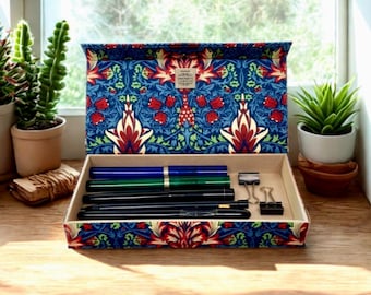 Handmade Snakeshead Pencil Case:  William Morris Fabric Stationery Organiser with Magnetic Closure