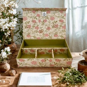 Handmade Pink Jasmine Box: William Morris Fabric Organiser with Magnetic Closure