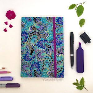 Golden Peacock Journal • A5 size • Hardback Notebook • 192 Ruled Pages • Elastic Closure • Inner Pocket • Travel Notebook • Fabric Covered