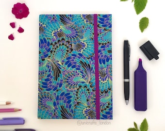 Golden Peacock Journal • A5 size • Hardback Notebook • 192 Ruled Pages • Elastic Closure • Inner Pocket • Travel Notebook • Fabric Covered