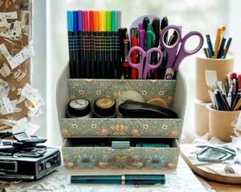 Handmade Strawberry Thief Green Fabric Desk Tidy: William Morris Stationery Organiser with Drawer