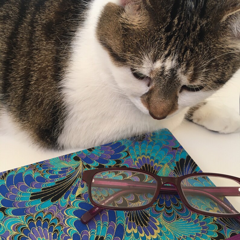 May include: A cat with brown and white fur is looking down at a pair of maroon eyeglasses resting on a blue, teal, and gold patterned case. The case has a peacock feather design.