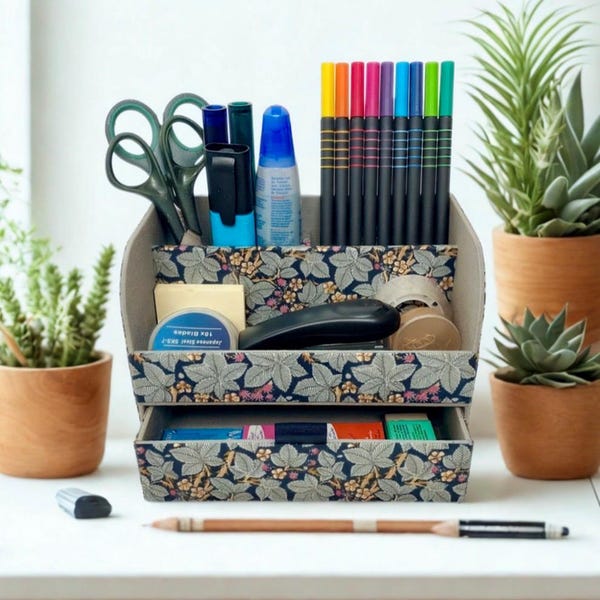 Handmade Bramble Desk Tidy: William Morris Fabric Stationery Organiser with Drawer