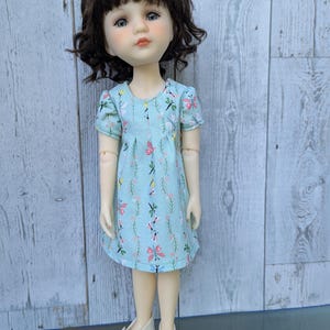 May include: A doll in a light blue dress adorned with a floral pattern of pink butterflies and green dragonflies. The doll has brown hair and wears white shoes. The dress features short sleeves and a round neckline.