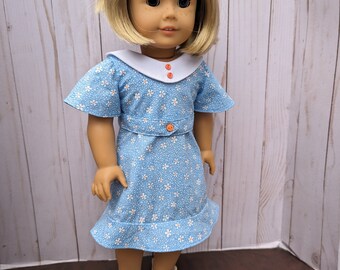 18" doll clothes  - Blue Feed Sack fabric dress in 1930s style to fit 18" dolls like American Girl