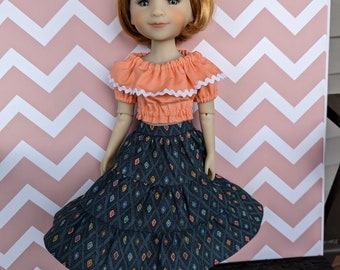 15" doll clothes  -  Peach Ruffled top with tiered skirt in navy to fit Ruby Red Fashion Friends