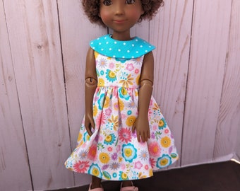 12,13, 14" doll clothes - White flowered dress with turquoise collar to fit Ruby Red Siblies , Wellie Wishers and Las Amigas dolls