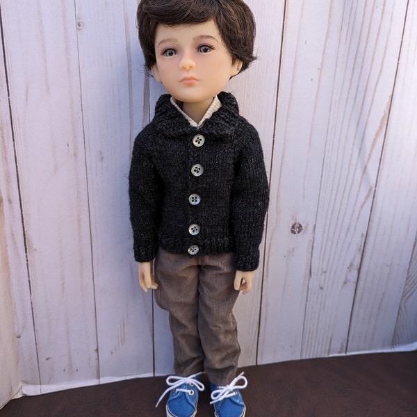 15.5" boy doll clothes - Gray collared cardigan to fit Ruby Red Lawrence and William