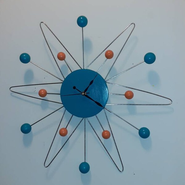 Private Sale Retro Atomic Ball Clock Mid Century Modern Atomic turquoise and orange Handmade 20" X 20" Wood W/ Wire flower Decor