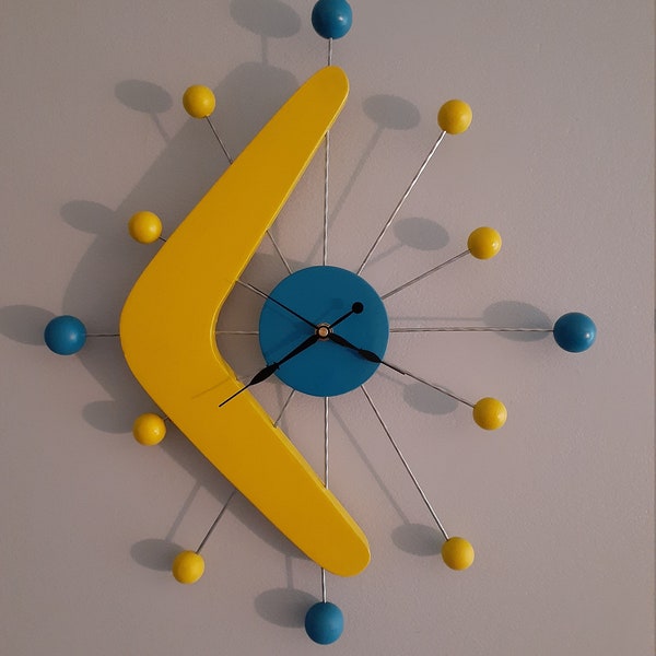 Retro Atomic Ball Boomerang Clock Mid Century Modern Atomic Turquoris , yellow Handmade 17.5" X 20" Wood W/ Wire ARMS Decor Mod Eames Era