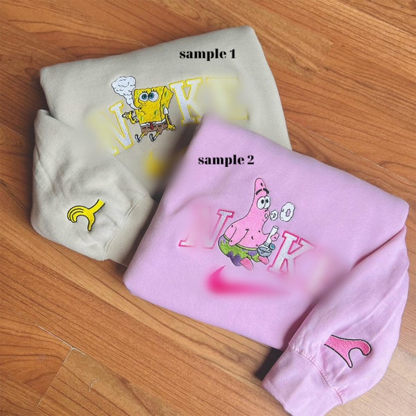 Handmade Spongebob and Patrick Star Embroidery Sweatshirt, Sponge Bob Crewneck, Patrick Star Crewneck, Cartoon Sweatshirt, Kawaii Hoodie