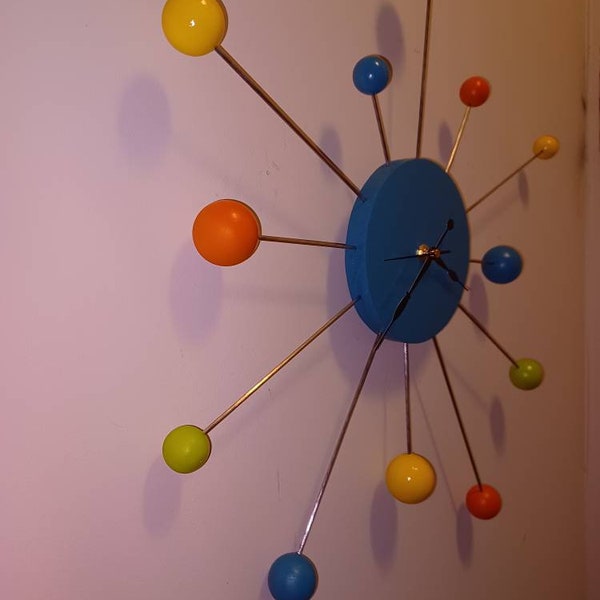 Retro Atomic Ball Clock Mid Century Modern Atomic Handmade 20" X 20" Wood W/ Wire ARMS Decor Mod Eames Era