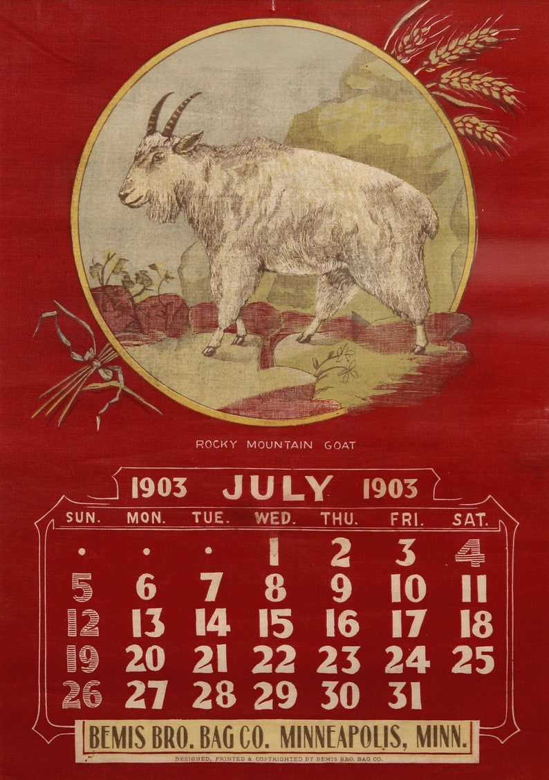 Antique Canvas Calendar Mountain Goat July Etsy