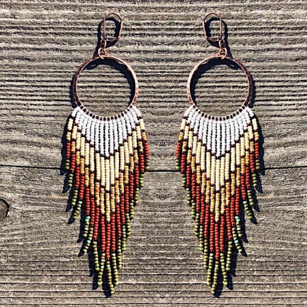 Cedar Ridge Handwoven Seed Bead Fringe Hoop Earrings - medium length