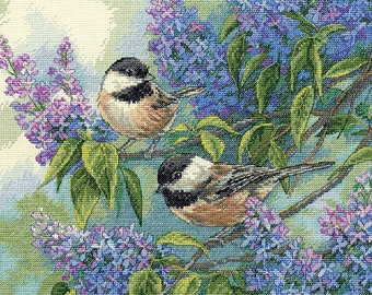 Chickadees and Lilacs Cross Stitch Pattern