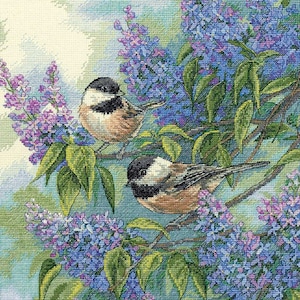 Chickadees and Lilacs Cross Stitch Pattern