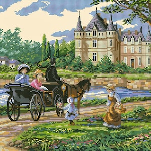 May include: A black horse-drawn carriage with four people inside, driving past a large stone castle with a green lawn and a river in the foreground.