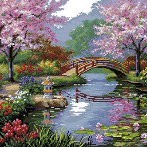 May include: A Japanese garden scene with a red bridge over a pond, surrounded by lush greenery and blooming pink cherry blossom trees. A stone lantern sits on a rock near the water's edge.
