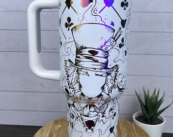 40oz Laser Engraved Alice inspired Mad Hat Tumbler. We are all mad here