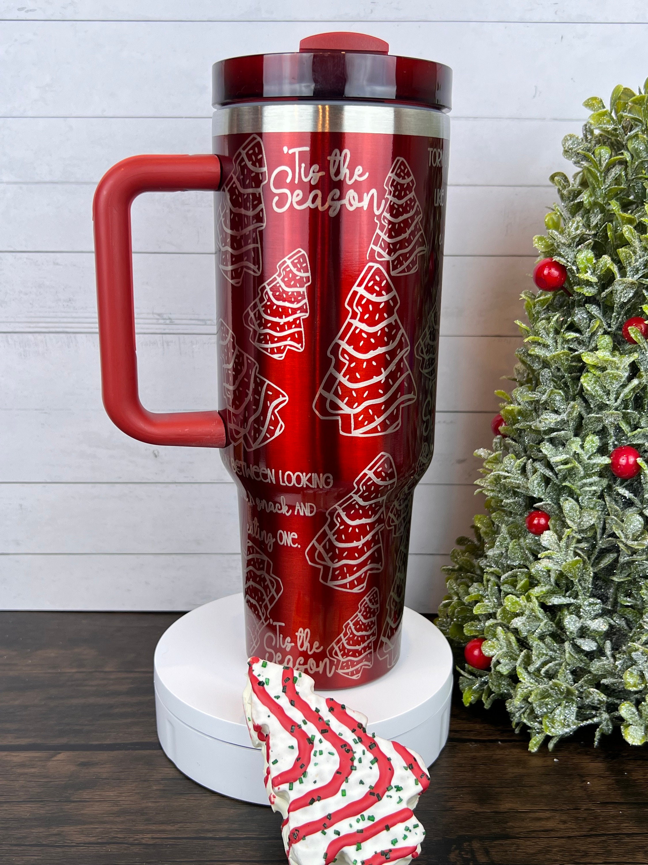 Christmas Tree Cake Tumbler With Handle. Little Debbie Quencher