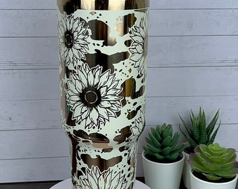 Sunflower Cowhide 40 oz Laser Engraved Tumbler, Cowhide Tumbler, Sunflower Tumbler