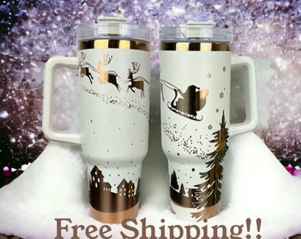 Christmas Scene 40oz Tumbler, Christmas Holiday Tumbler , Santa Sleigh Ride, Christmas Night Tumbler