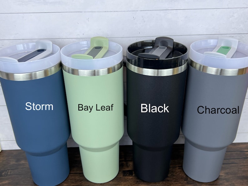 Op de afbeelding: Vier roestvrijstalen reistassen met verschillende poedercoatings. De bekers zijn gelabeld met "Storm", "Bay Leaf", "Black" en "Charcoal".